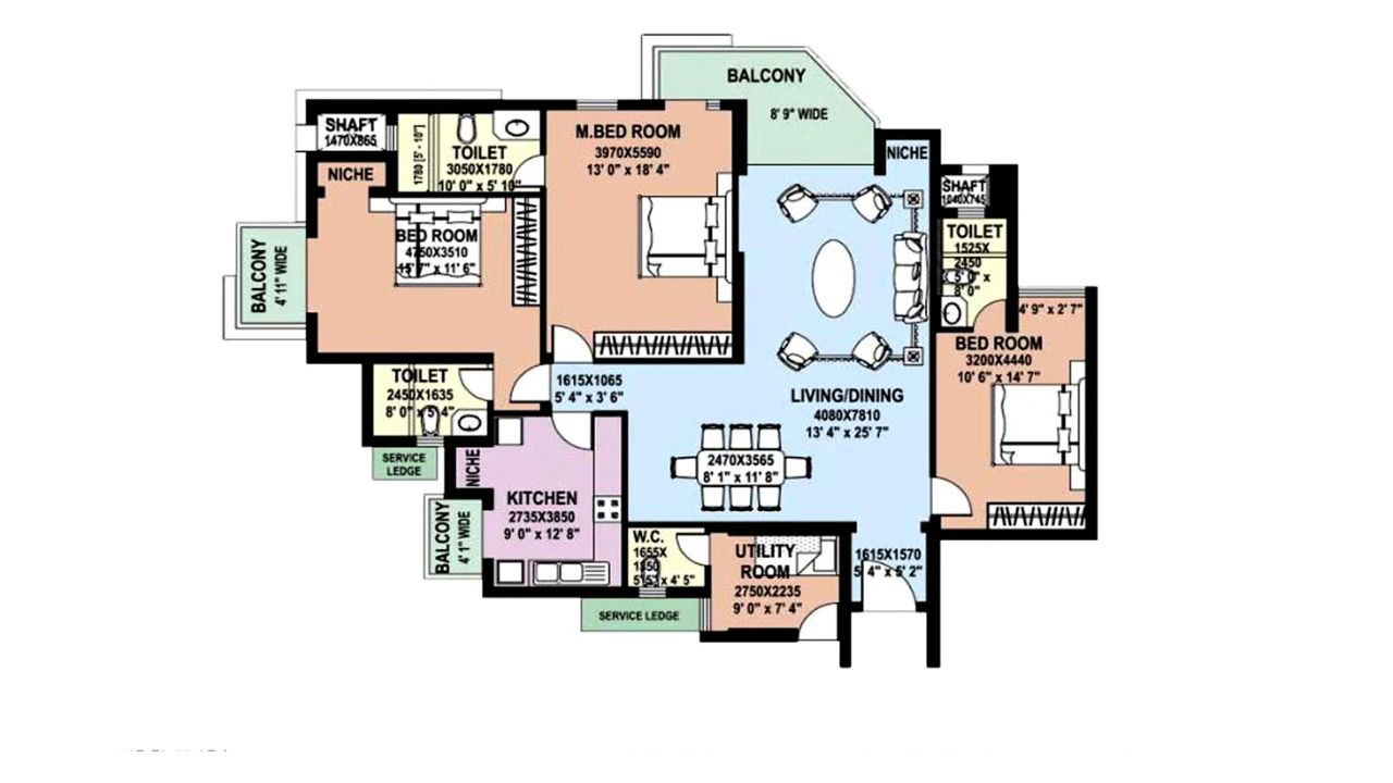 DLF Park Place Floor Plan 3BHK Type 1