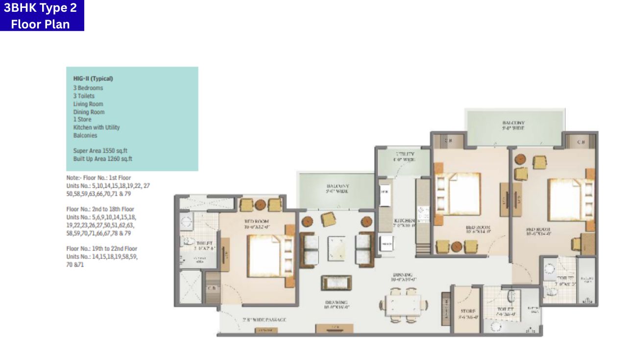 Mahagun Moderne Sector 78 3BHK Type 2 Floor Plan