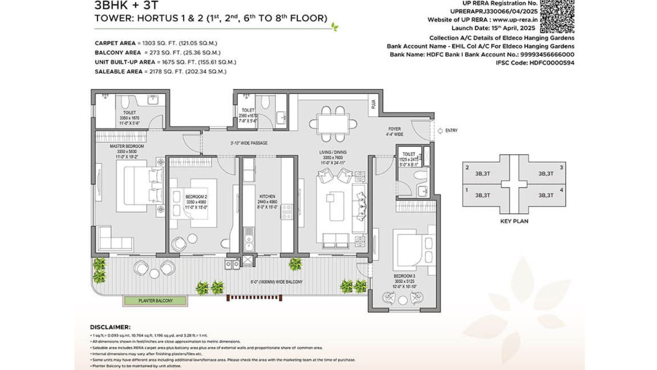 Eldeco Hanging Gardens Amar Shaheed Path Lucknow Floor Plan 3 BHK
