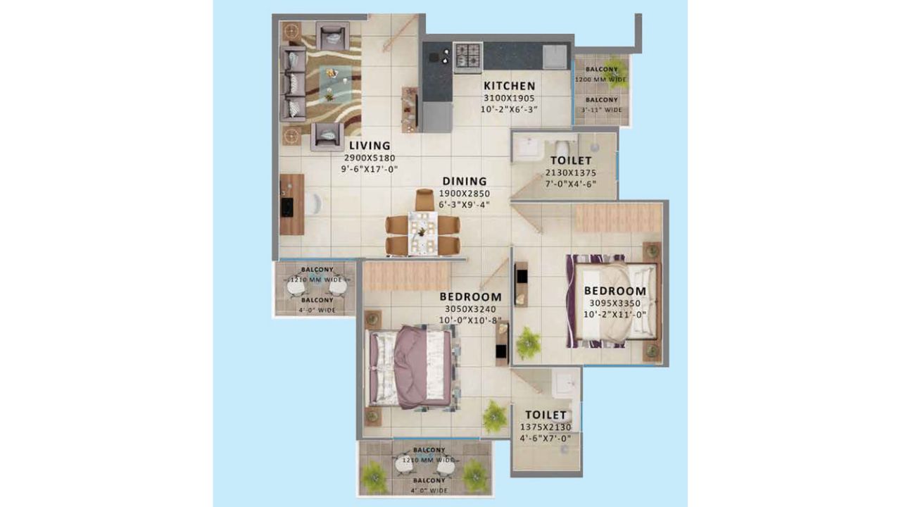 Signature The Millennia 3 Gurgaon Floor Plan 2BHK Type 1