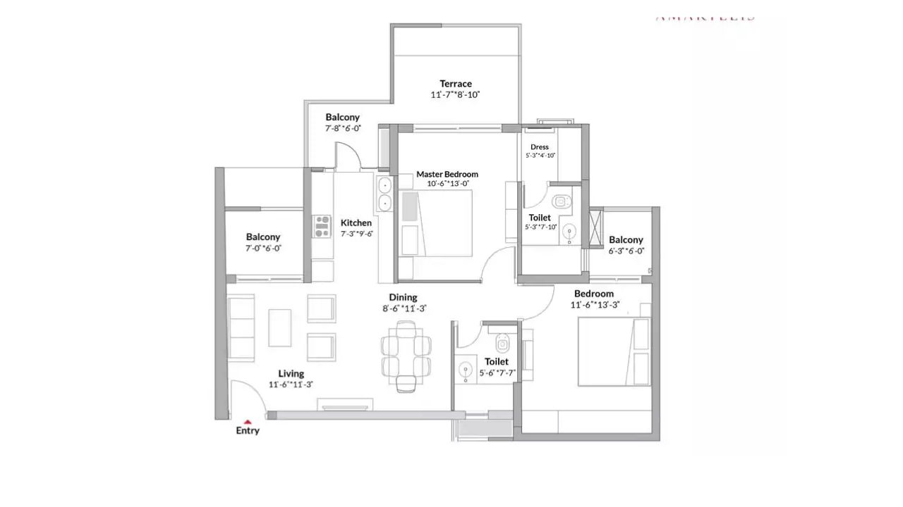 Smartworld Elie Saab Residences Floor Plan 2BHK