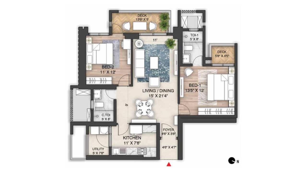 The Prestige City Floor Plan 2 BHK