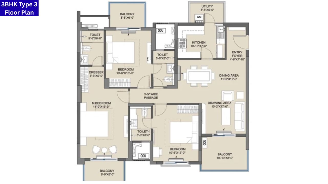 Ashiana Mulberry Sector 2 3BHK Type 2 Floor Plan