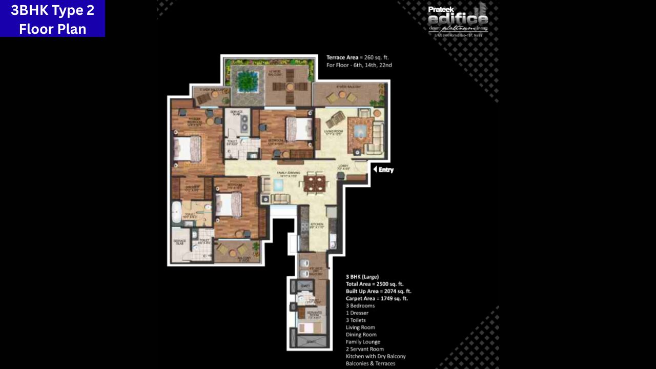 Prateek Edifice Noida 3BHK type 2 Floor Plan