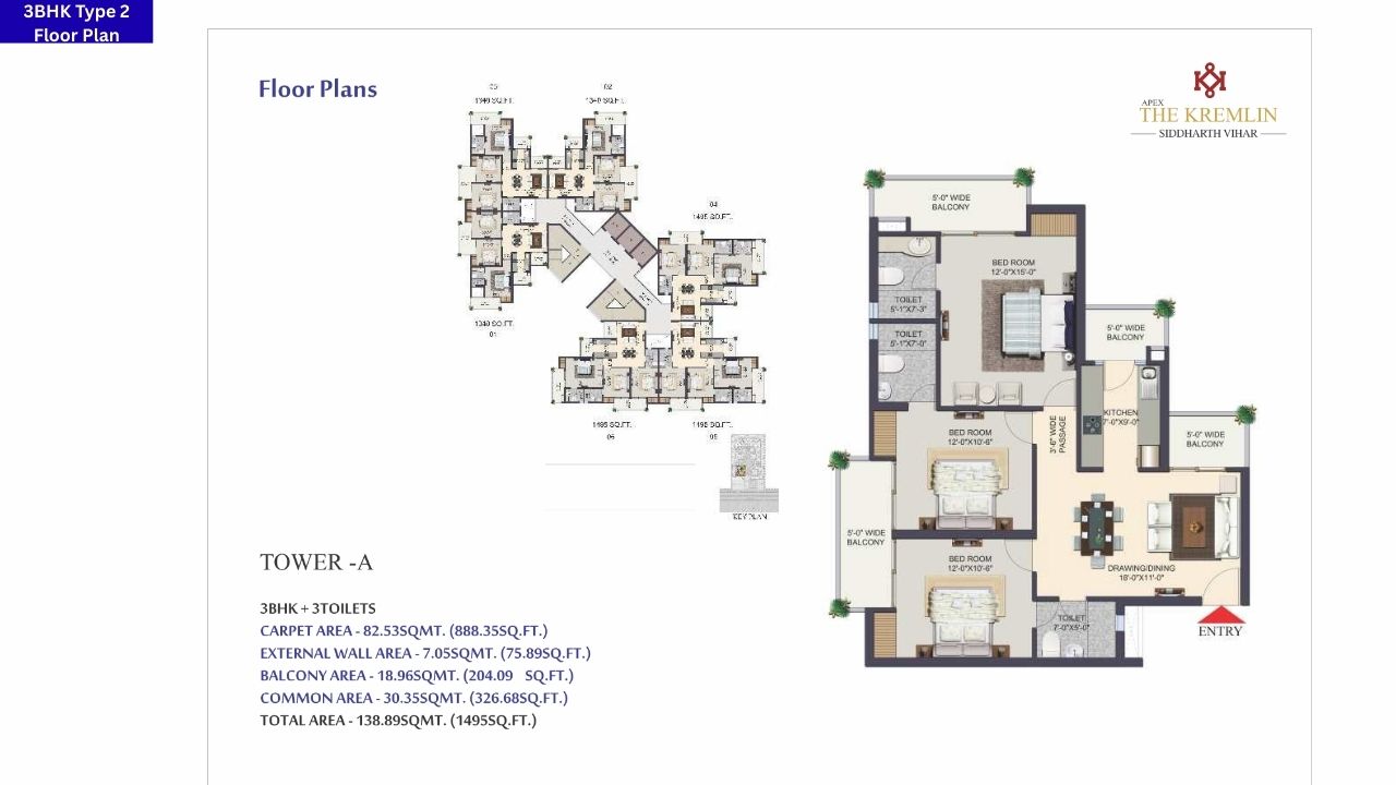 Apex Kremlin Siddharth Vihar 3BHK Type 2 Floor Plan
