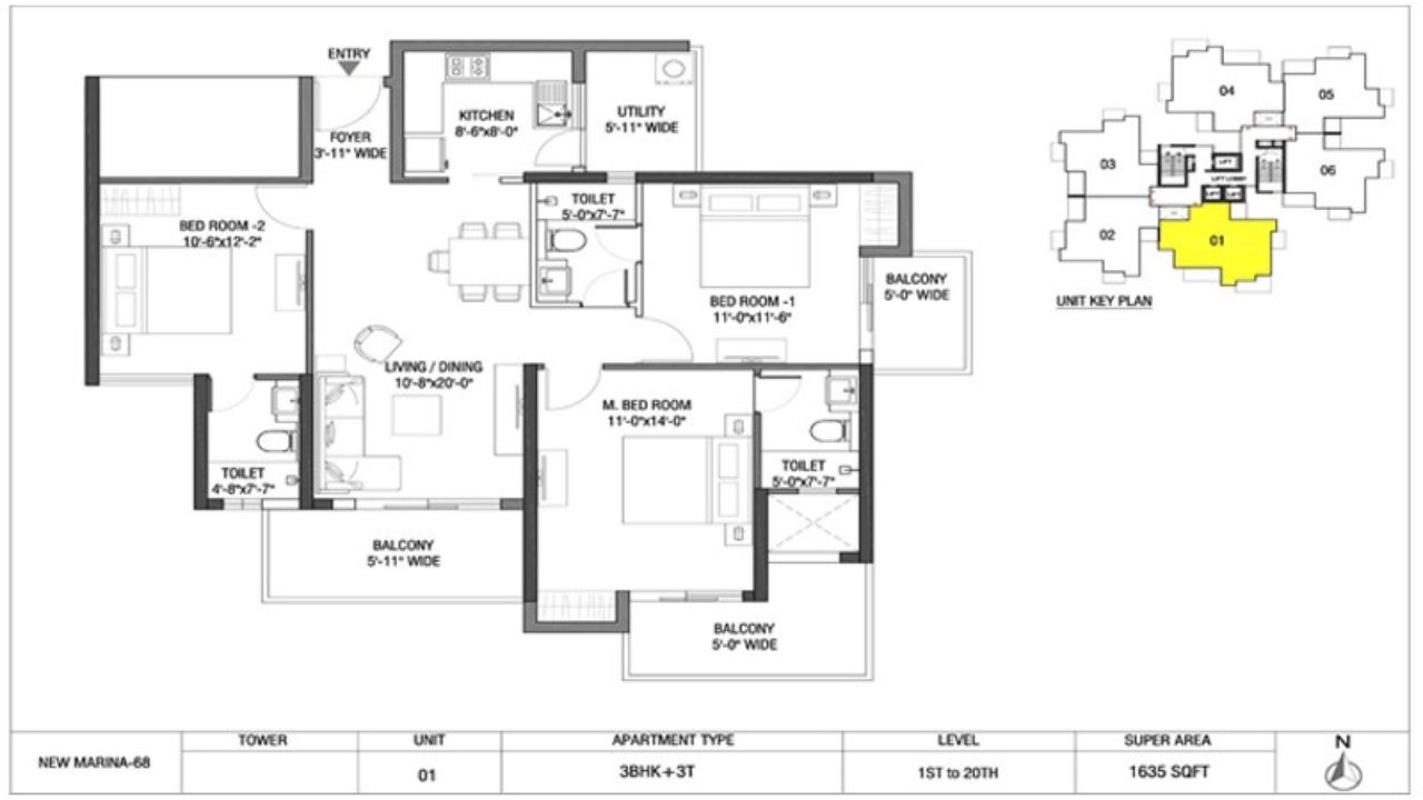 M3M The Flora Floor Plan 3 BHK