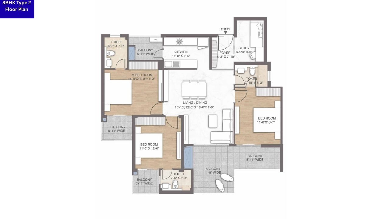M3M Crown Sector 111 3BHK Type 2 Floor Plan