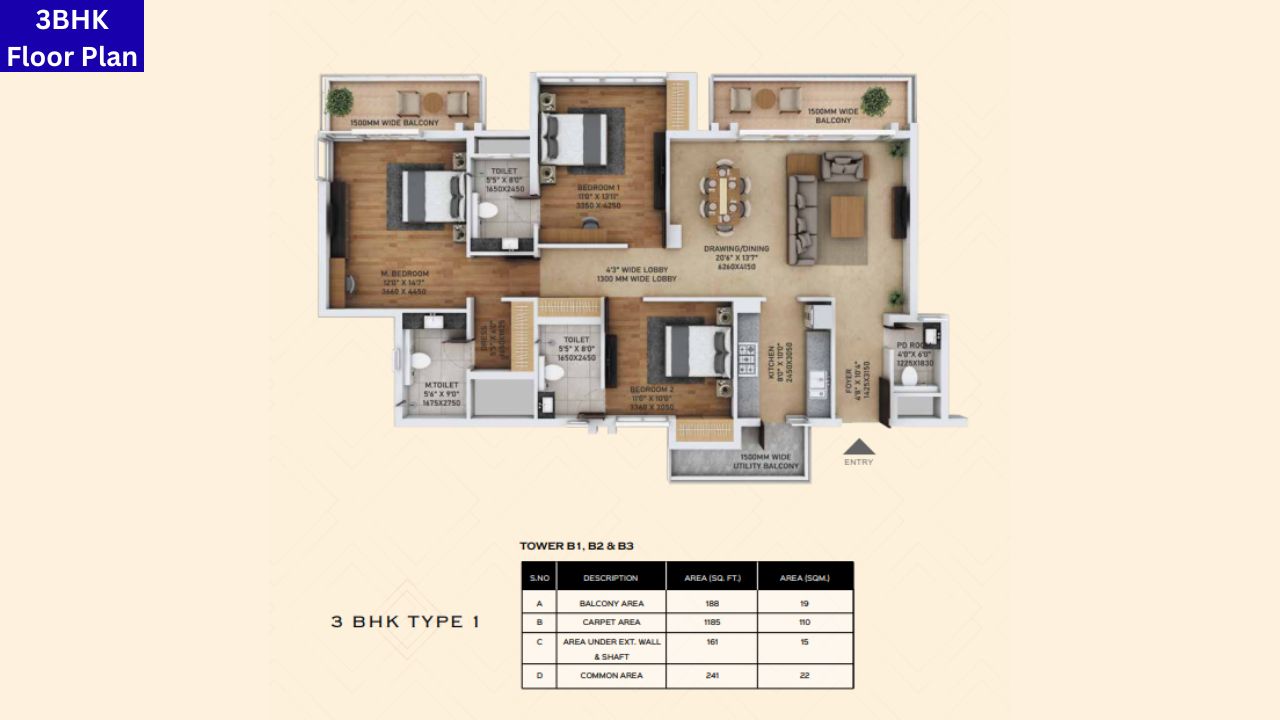 Ace Starlit 152 3BHK Floor Plan