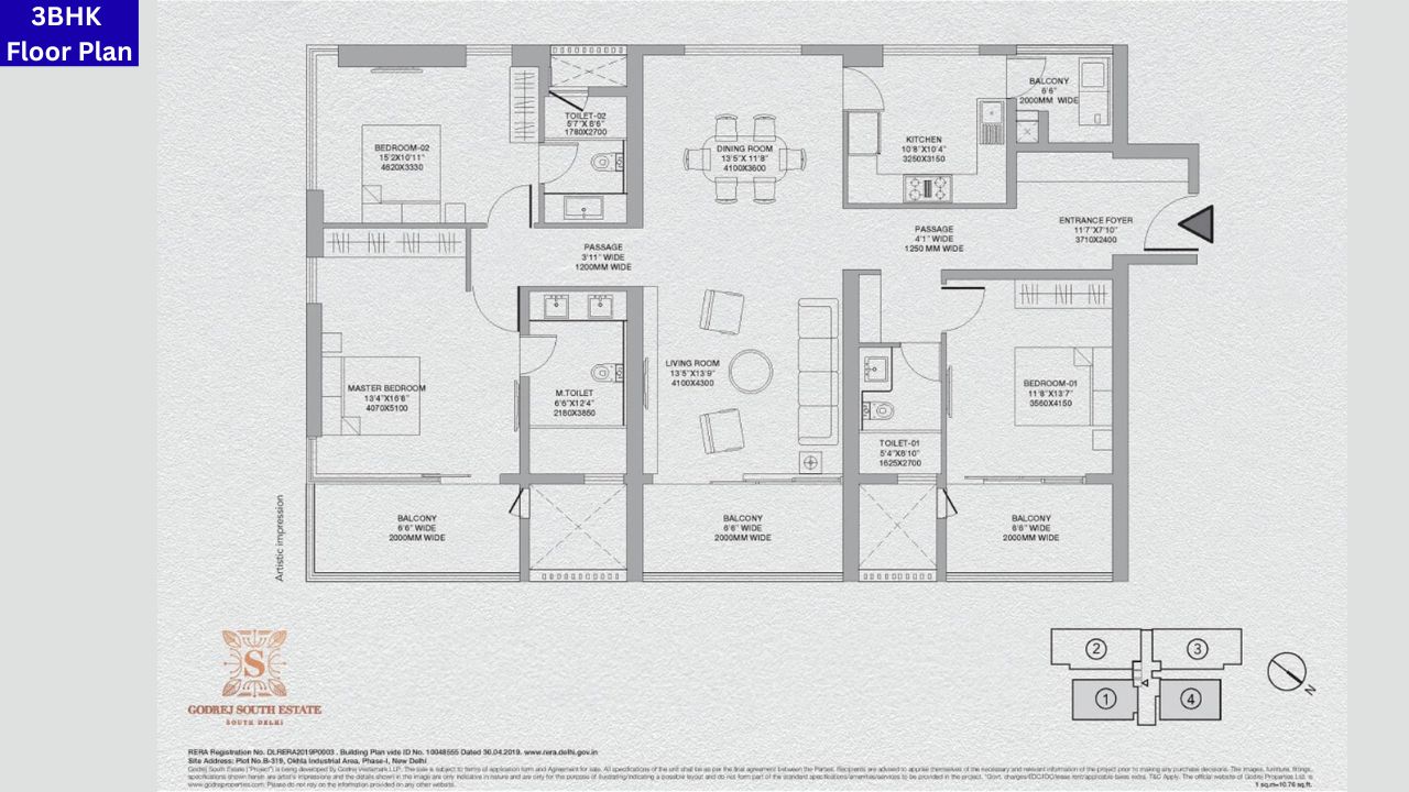South Estate 3BHK Floor Plan