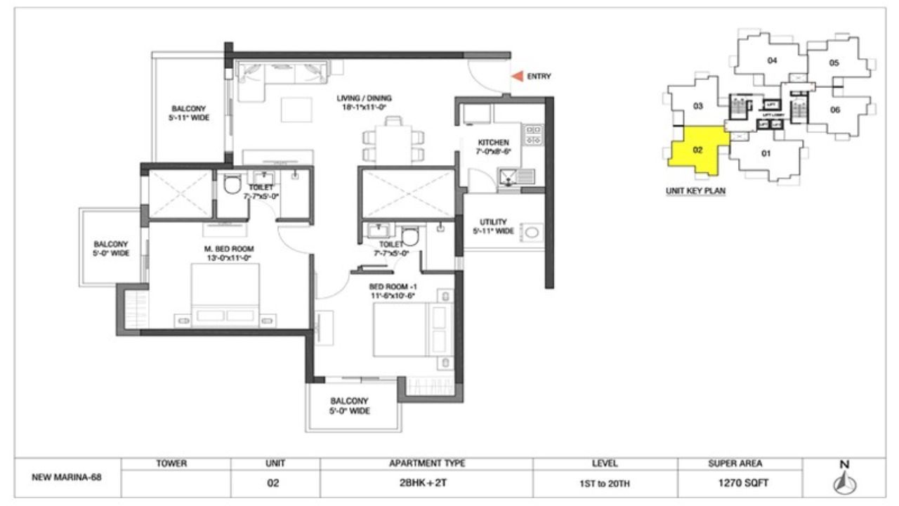 	M3M The Flora Floor Plan 2BHK