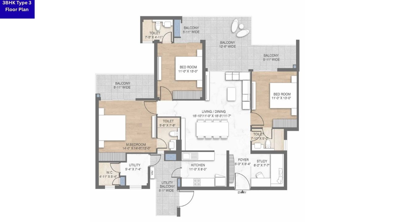 M3M Crown Sector 111 Gurgaon 3BHK Type 3 Floor Plan