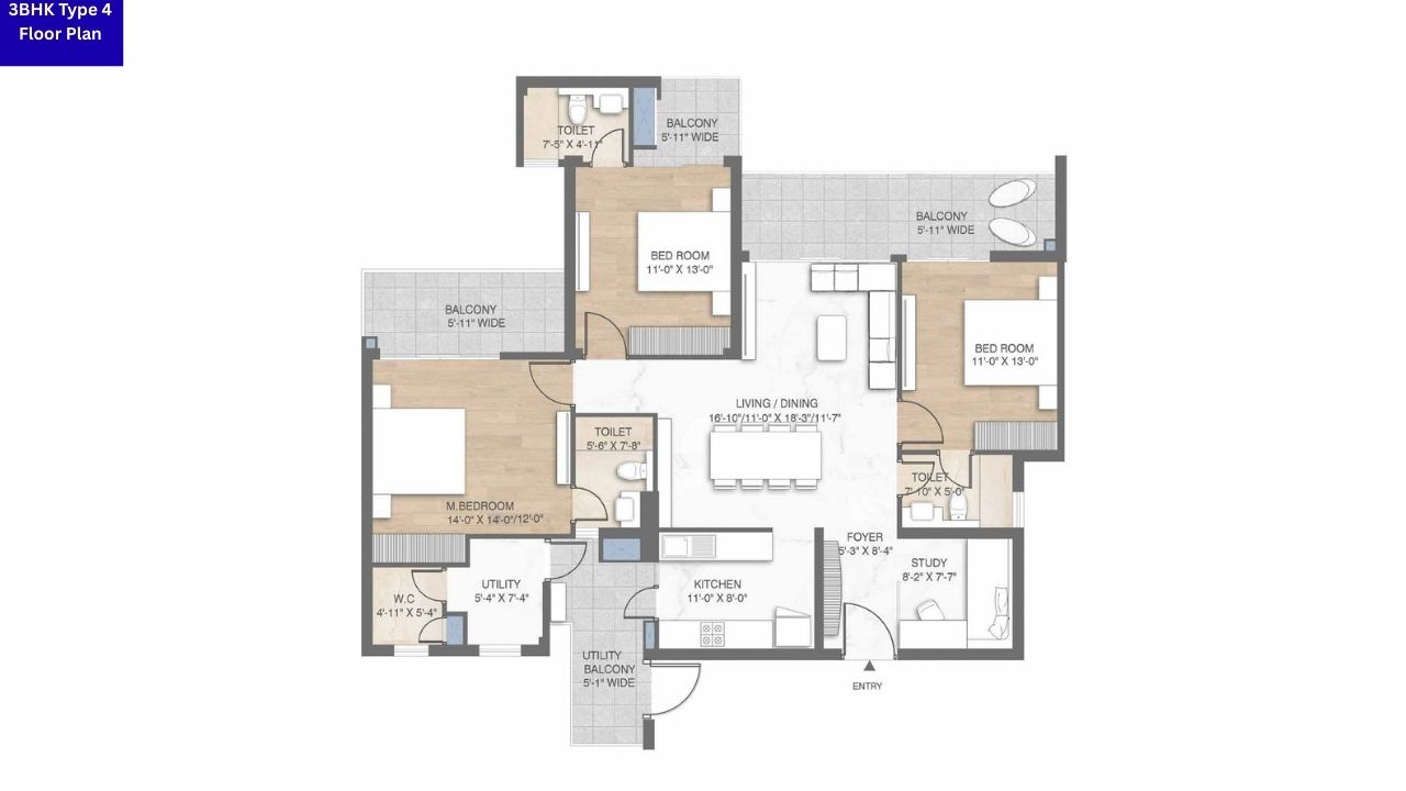 M3M Crown Sector 111 3BHK Type 4 Floor Plan