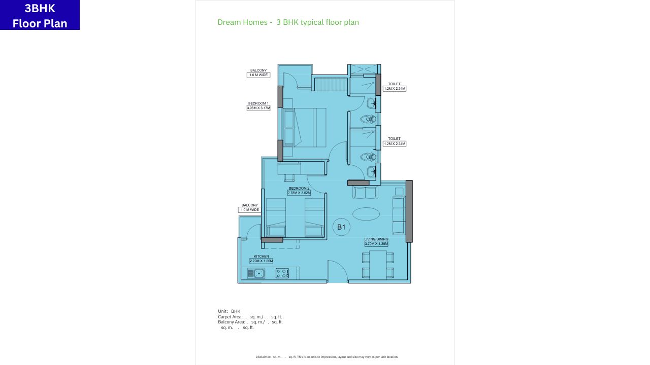 Wave Dream Homes 3BHK Floor Plan