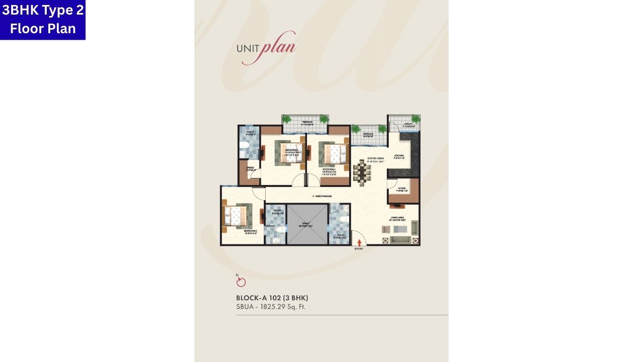 Chordias Eraya Jaipur 3BHK Type 2 Floor Plan