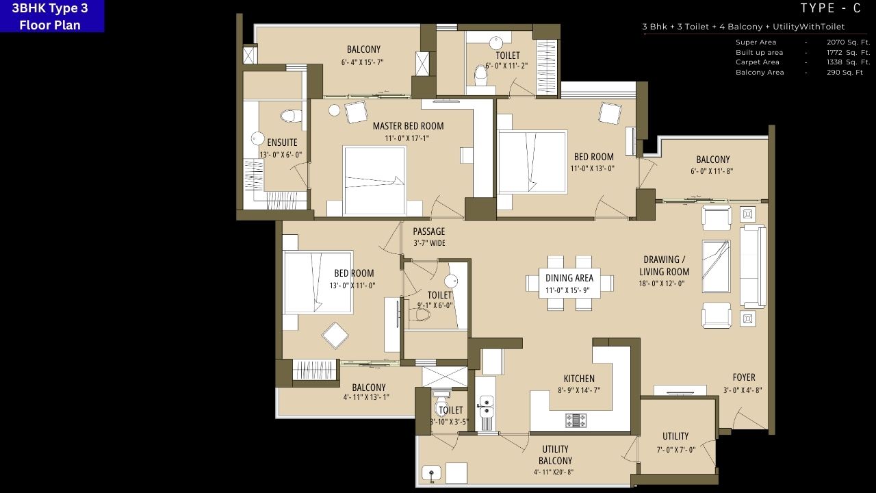 ABA Cleo County Noida 3BHK Type 3 Floor Plan