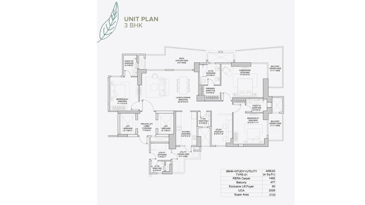 HCBS Twin Horizon Floor Plan 3 BHK Type 1