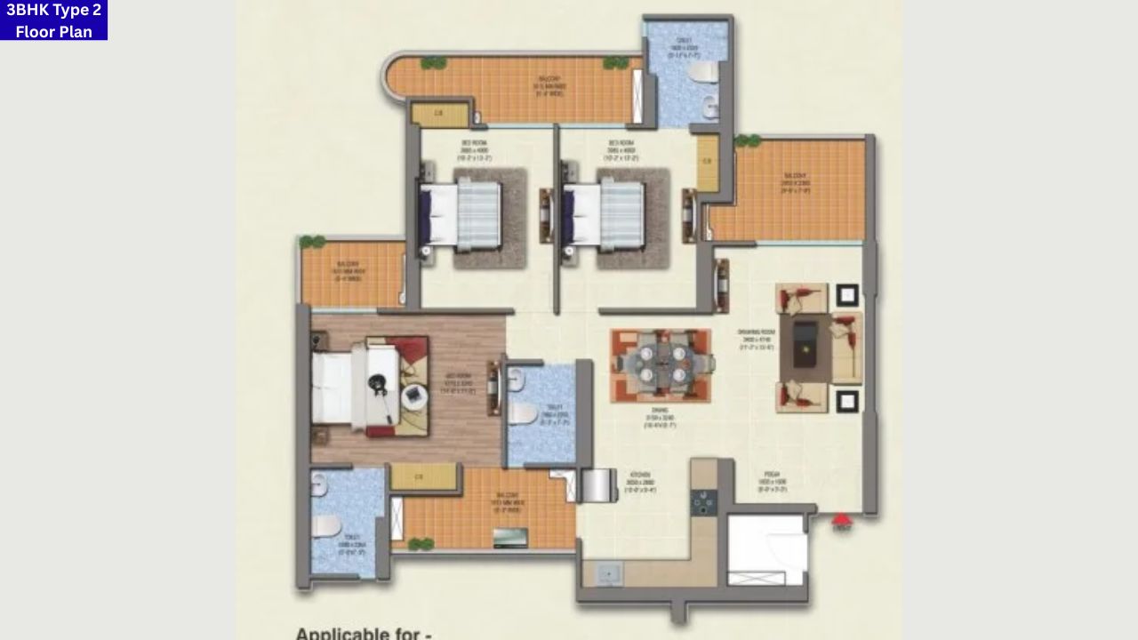 Saya Gold Avenue Ghaziabad 3BHK Type 2 Floor Plan