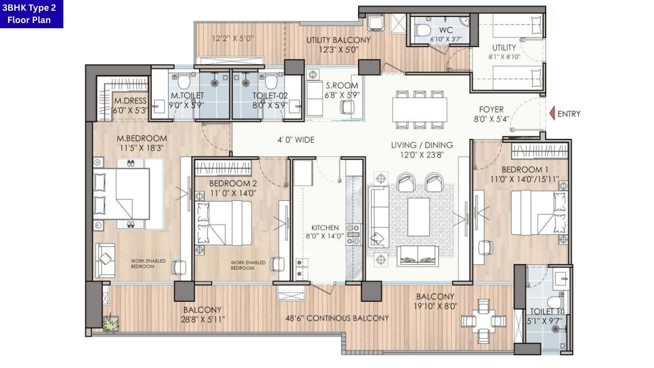 Puri Diplomatic Residences 3BHK Type 2 Floor Plan