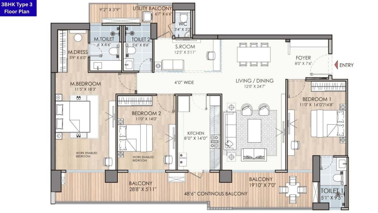Puri Diplomatic Residences Sector 111 3BHK Type 3 Floor Plan