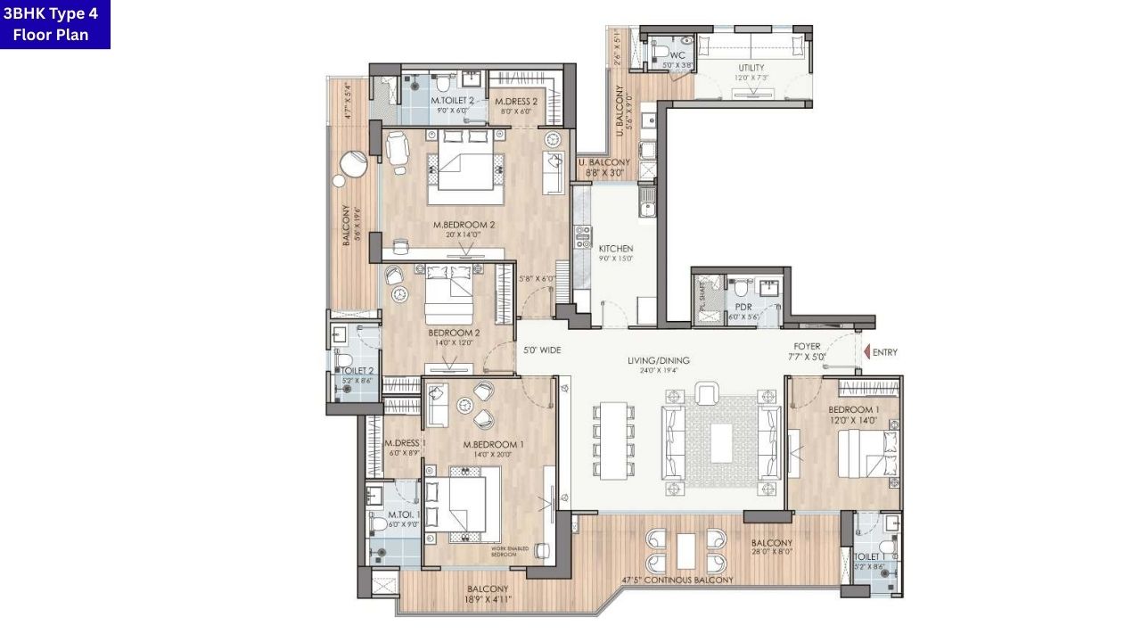 Puri Diplomatic Residences Sector 111 Gurgaon 3BHK Type 4 Floor Plan