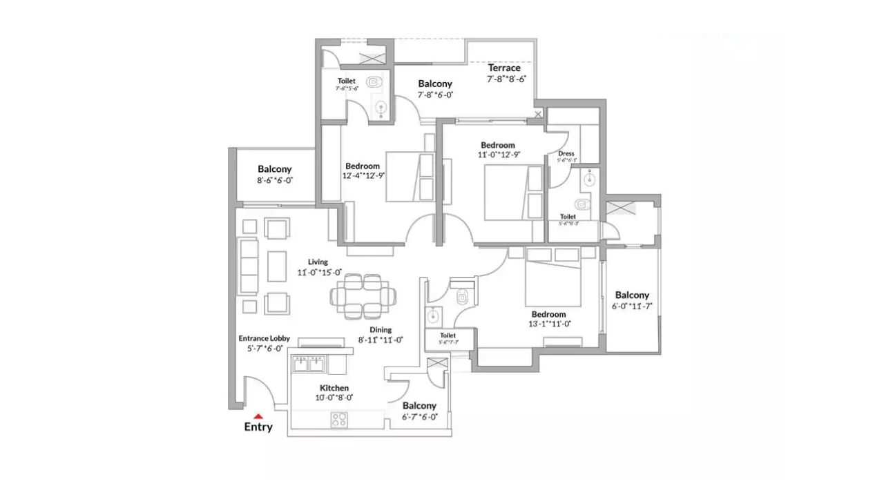 Parsvnath La Tropicana Floor Plan 3 BHK