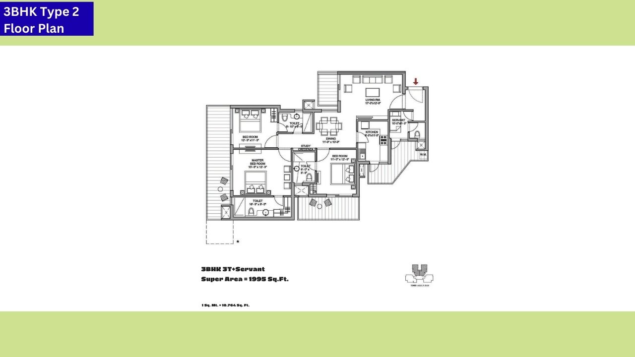 Bestech Park View Sanskruti 3BHK Type 2 Floor Plan