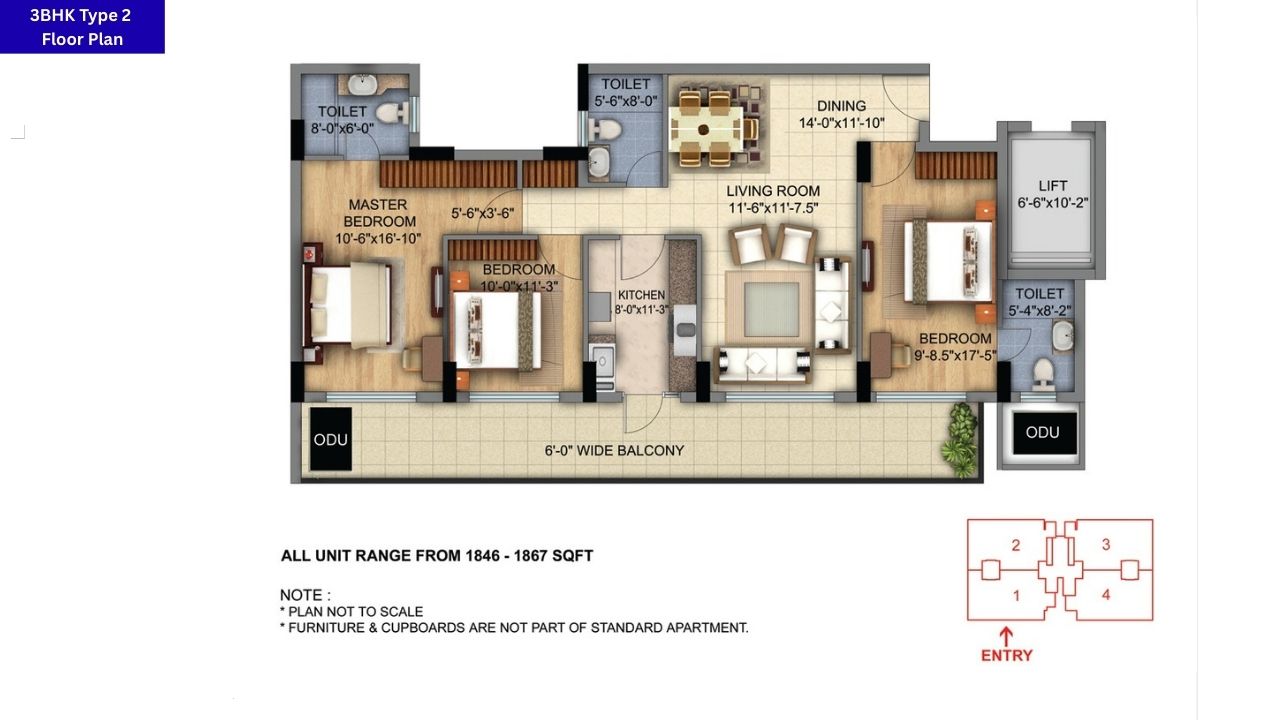 DLF The Skycourt Gurgaon 3BHK Type 2 Floor Plan