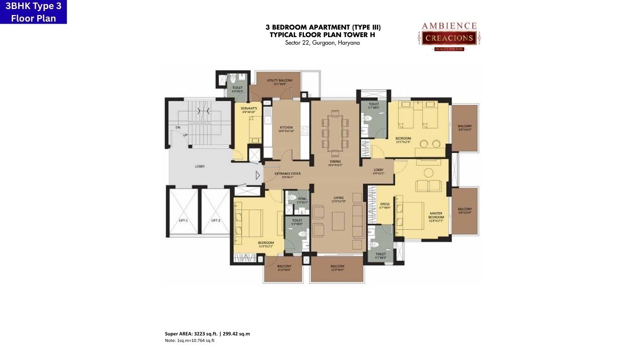 Ambience Creacions Sector 3BHK Type 3 Floor Plan