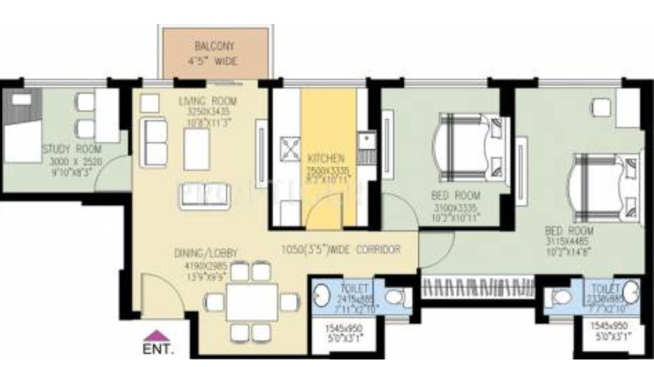 DLF New Town Heights II Floor Plan 2BHK