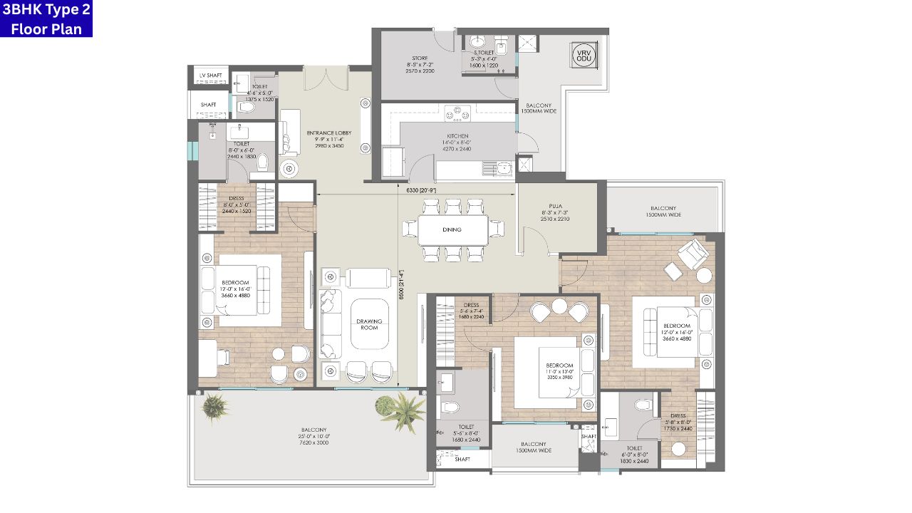 AU The Sunflower 3BHK Type 2 Floor Plan