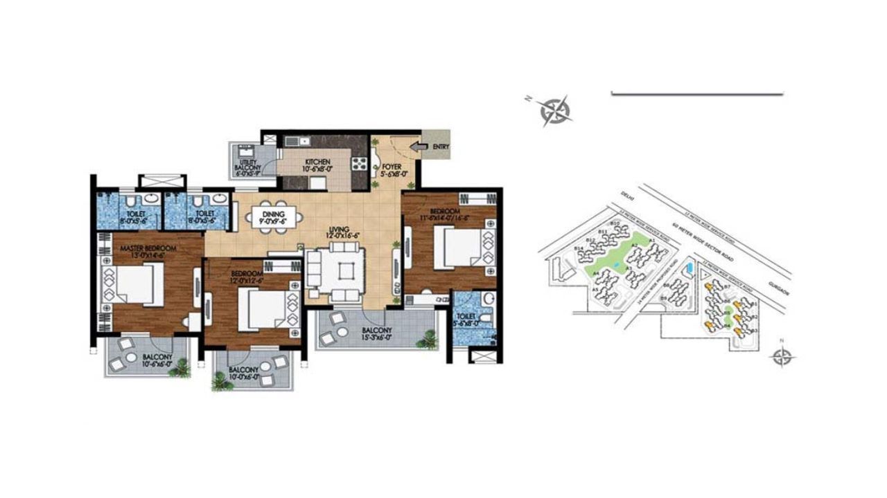 M3M Woodshire Floor Plan 3BHK