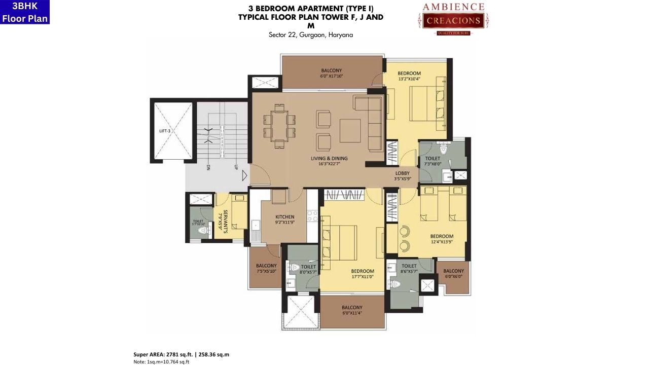 3BHK Floor Plan Of Ambience Creacions Gurgaon