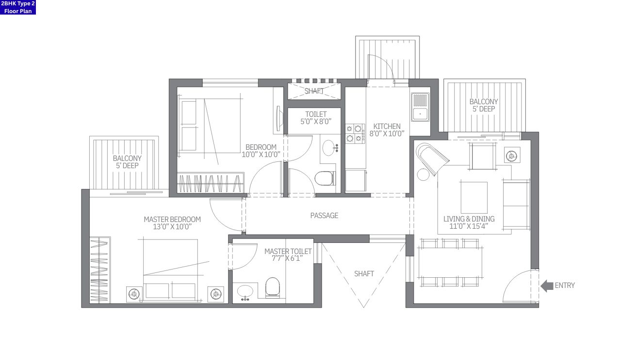 Emaar MGF Emerald Hills Sector 65 2BHK Type 2 Floor Plan