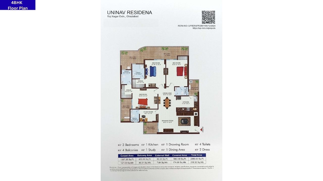 Uninav Residena Raj Nagar Extension Ghaziabad 4BHK Floor Plan