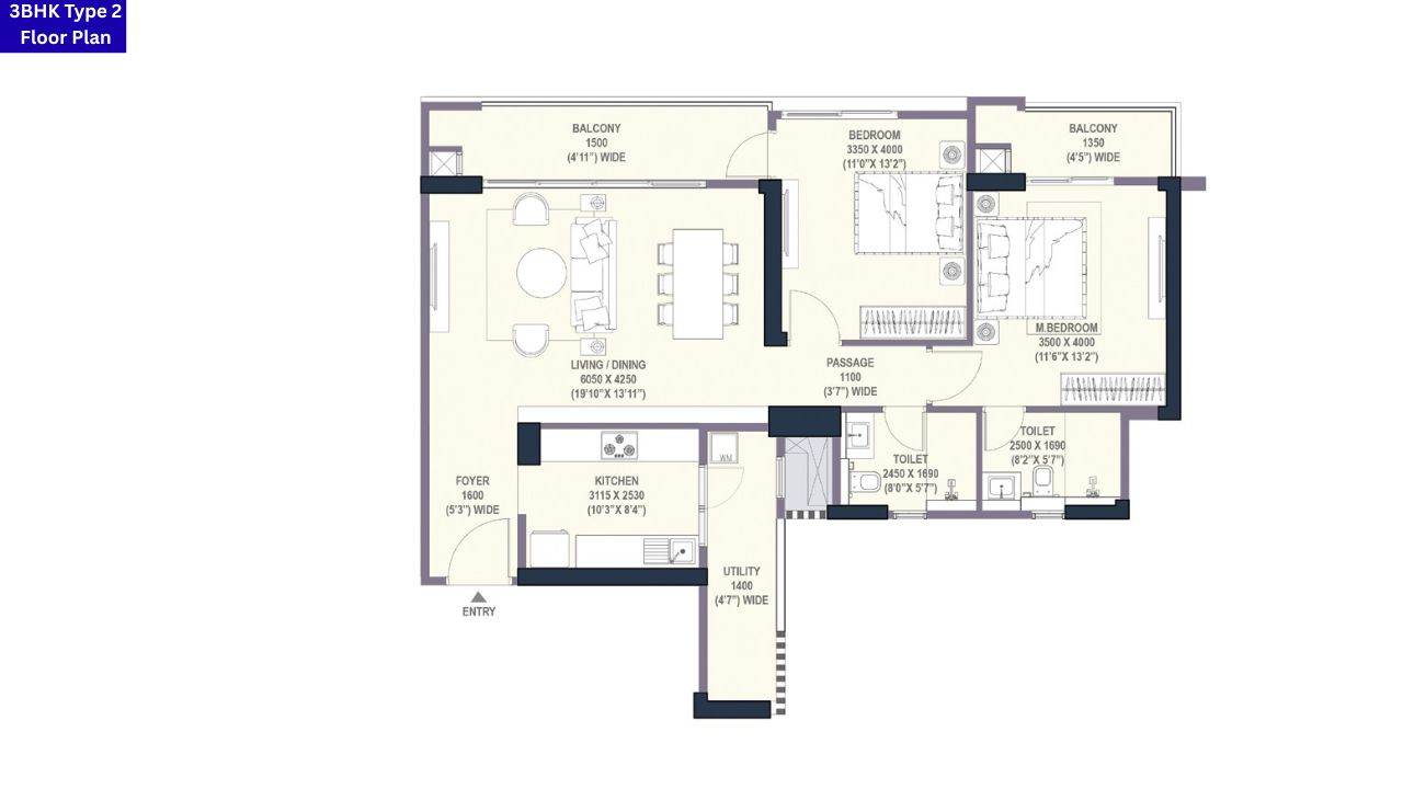 Emaar Urban Oasis Sector 62 3BHK Type 2 Floor Plan