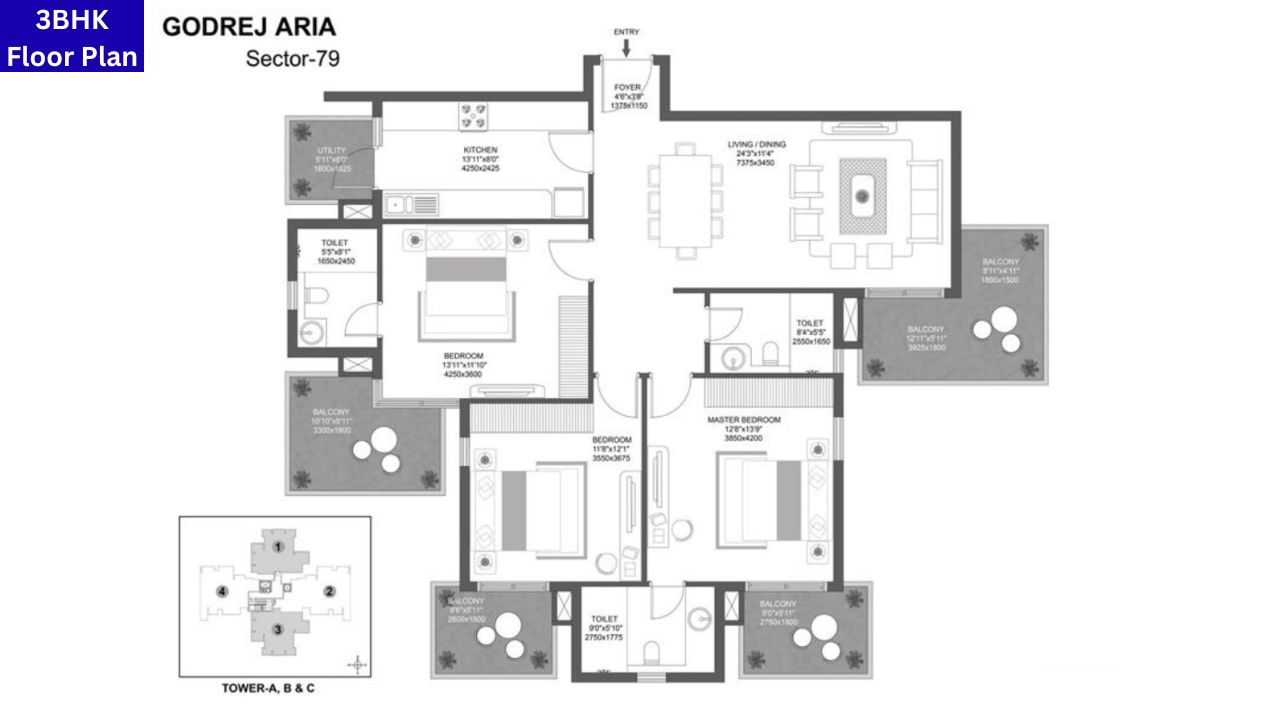 Godrej Aria Sector 79 3BHK Floor Plan