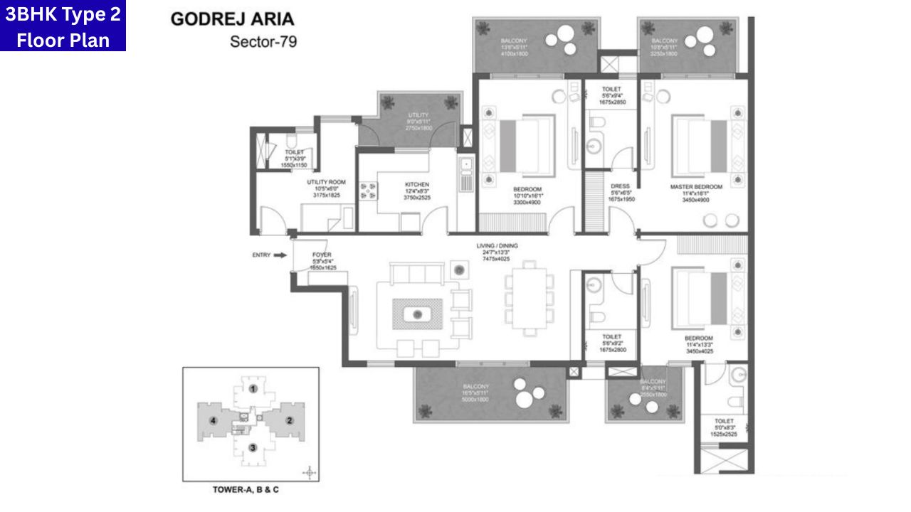 Godrej Aria Sector 79 Gurgaon 3BHK Type 2 Floor Plan