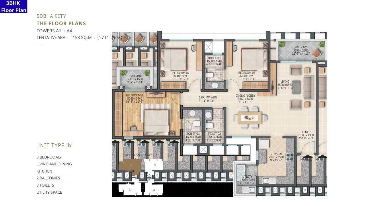 Sobha City Gurgaon 3BHK Floor Plan