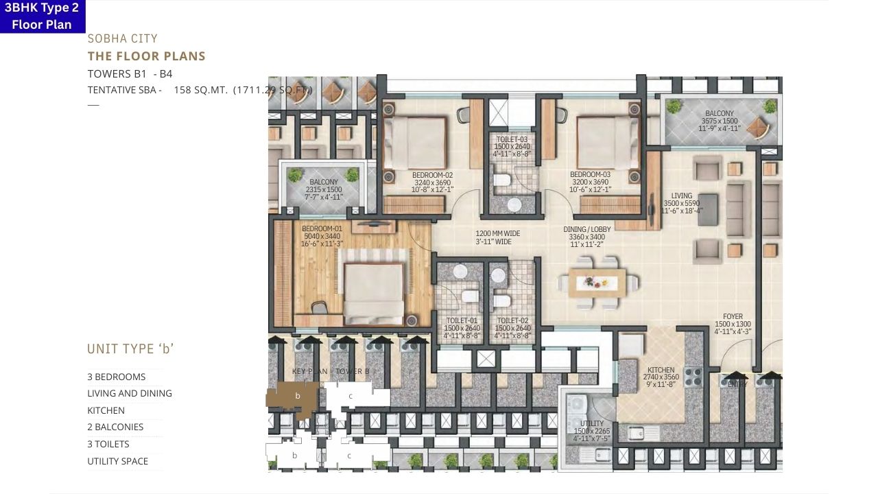 Sobha City Sector 108 3BHK type 2 Floor Plan