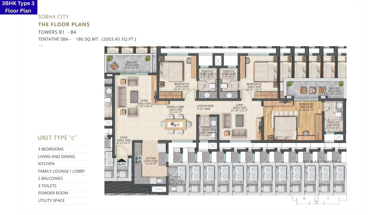 Sobha City Sector 108 Gurgaon 3BHK type 3 Floor Plan