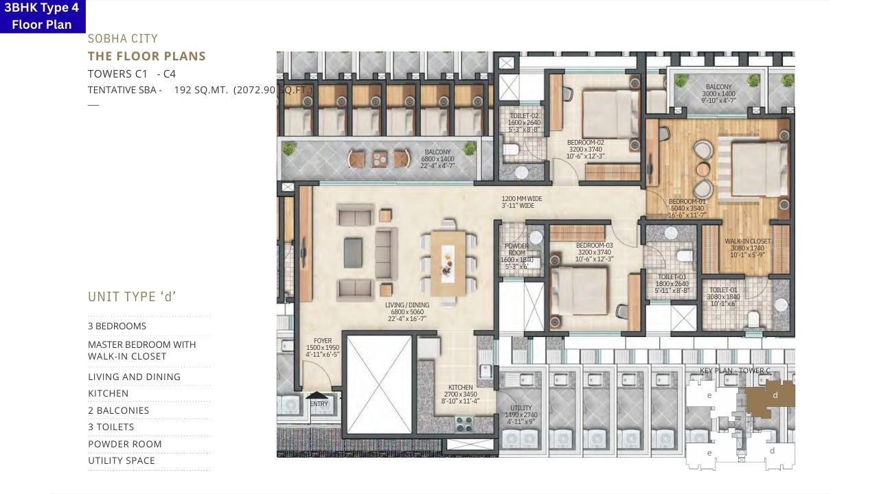 Sobha City Sector 108 3BHK type 4 Floor Plan