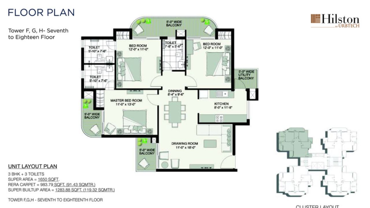 Urbtech Hilston Floor Plan 3 BHK