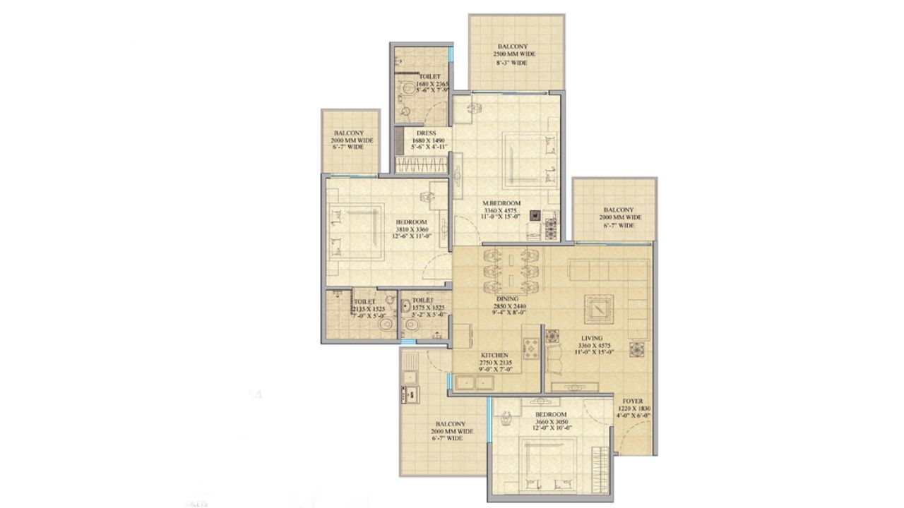 Gaur SportsWood Floor Plan 3 BHK