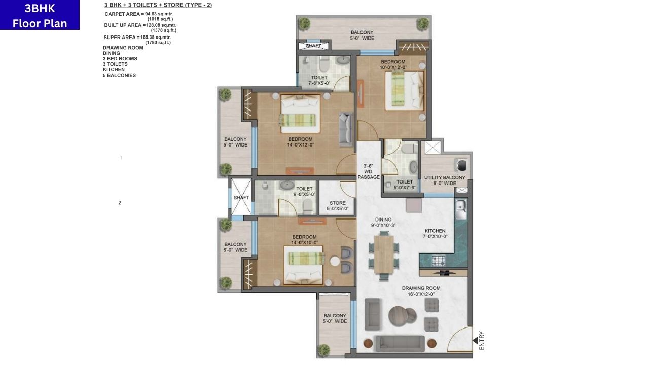 Ramprastha Imperial Heights Ghaziabad 3BHK Floor Plan