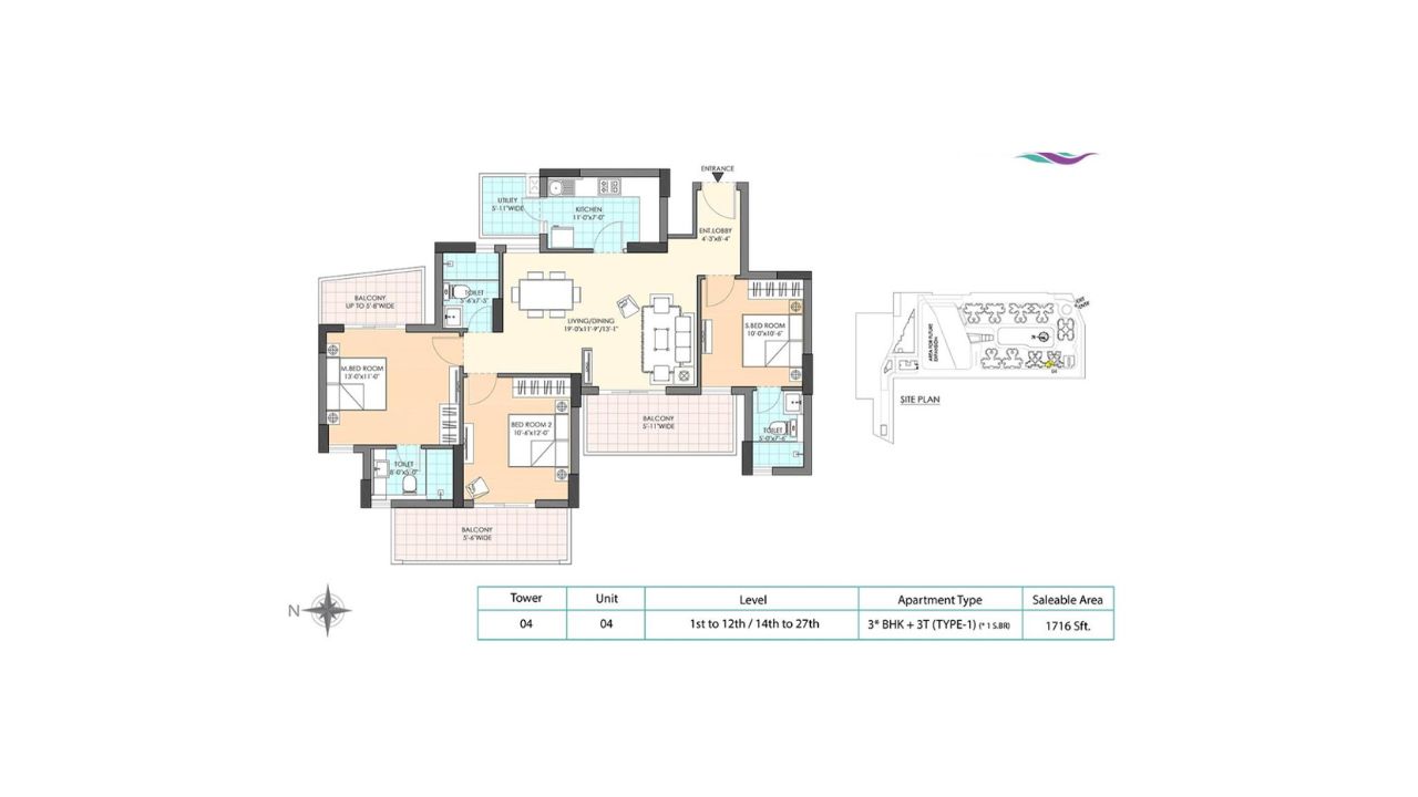 M3M Marina Floor Plan 3BHK Type 1