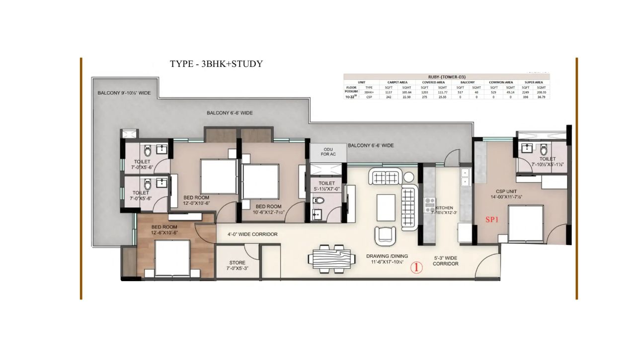Sawasdee Heights Floor Plan 3BHK Type 1