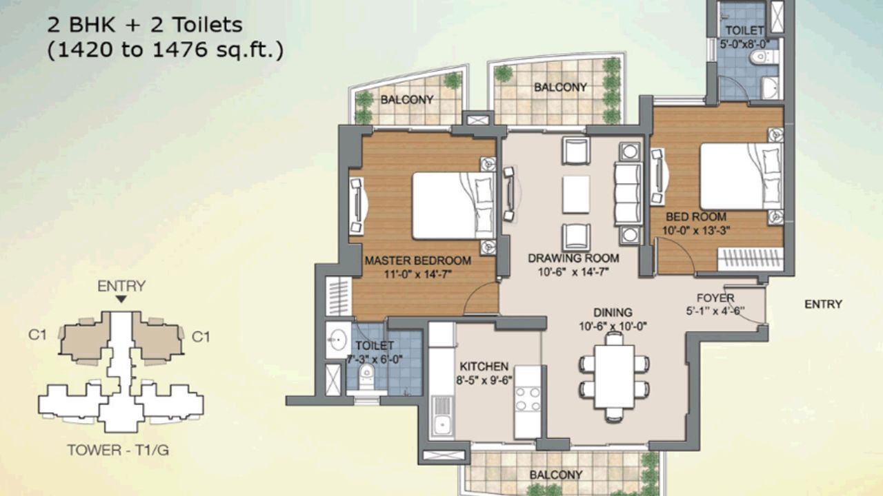 BPTP The Resort Floor Plan 2 BHK