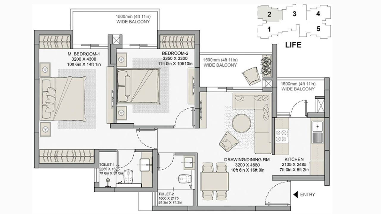 Eldeco Live by the Greens Floor Plan 2 BHK Type 1