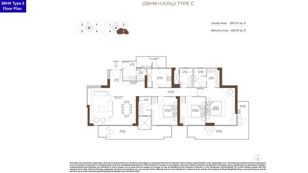 Conscient Residences 3BHK Type 3 Floor Plan