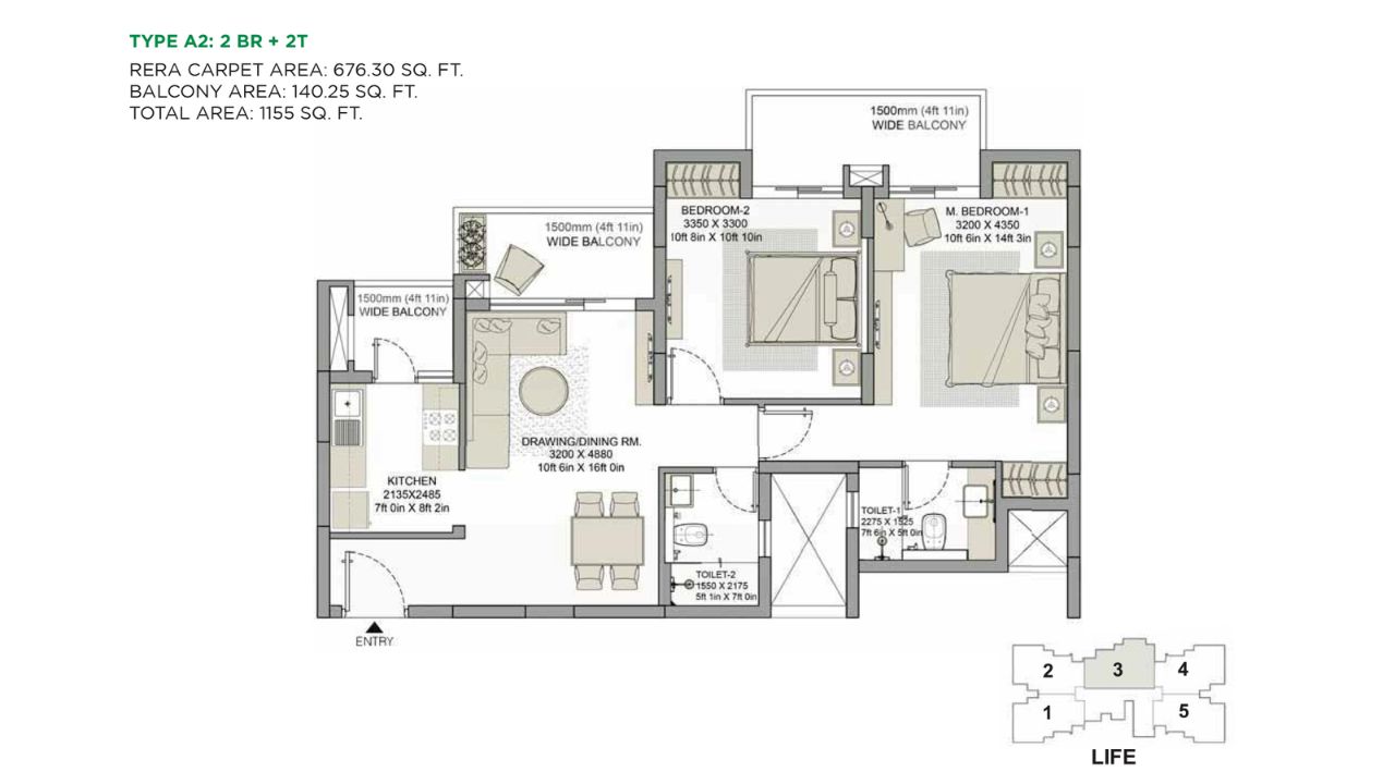 Eldeco Live by the Greens Floor Plan 2 BHK Type 2